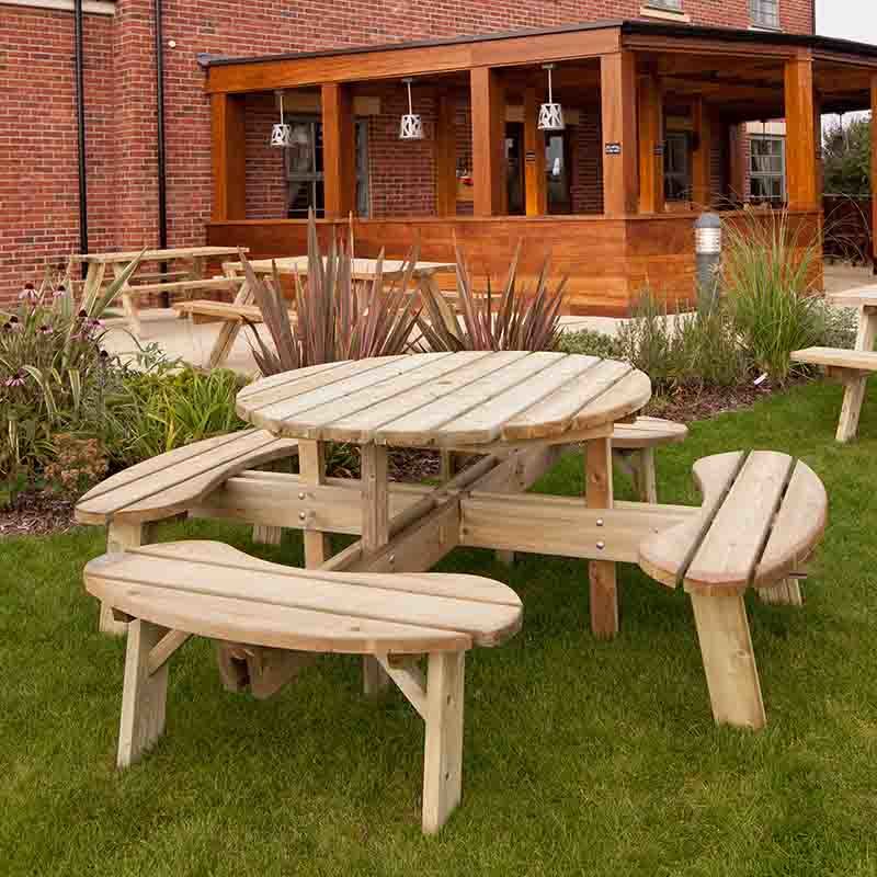 Large Round Wooden Picnic Table Seats Wood Pub Circular Picnic