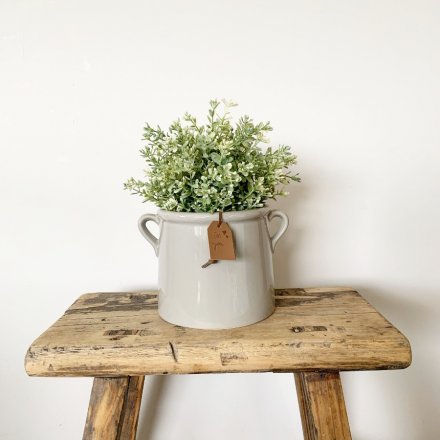 Grey Ceramic Pot on Table with Plant