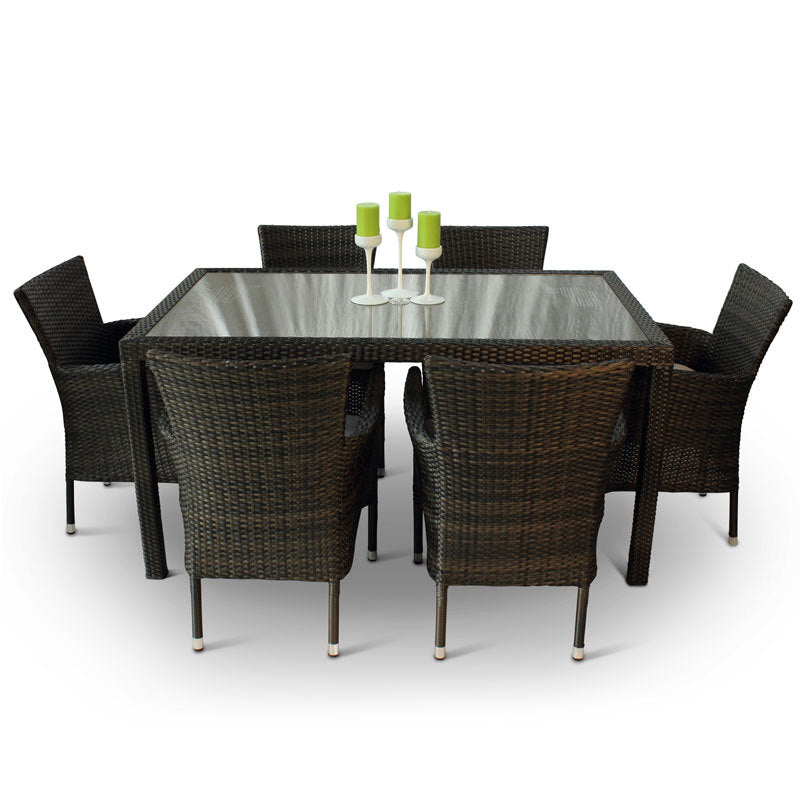 Glass Top Rattan Outdoor Dining Set with 6 Armchairs