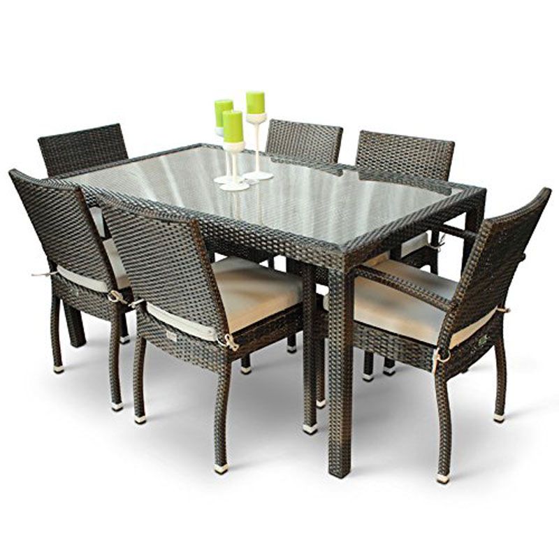 Rattan Rectangular Glass Table Set with 2 Arm Chairs and 4 Side Chairs